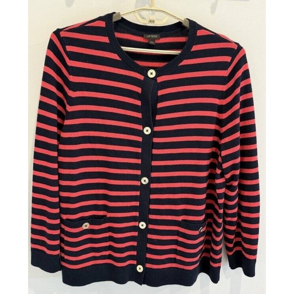 J Jill Wearever Collection Navy Stripe Gold Button Down Cardigan Sweater Size XL